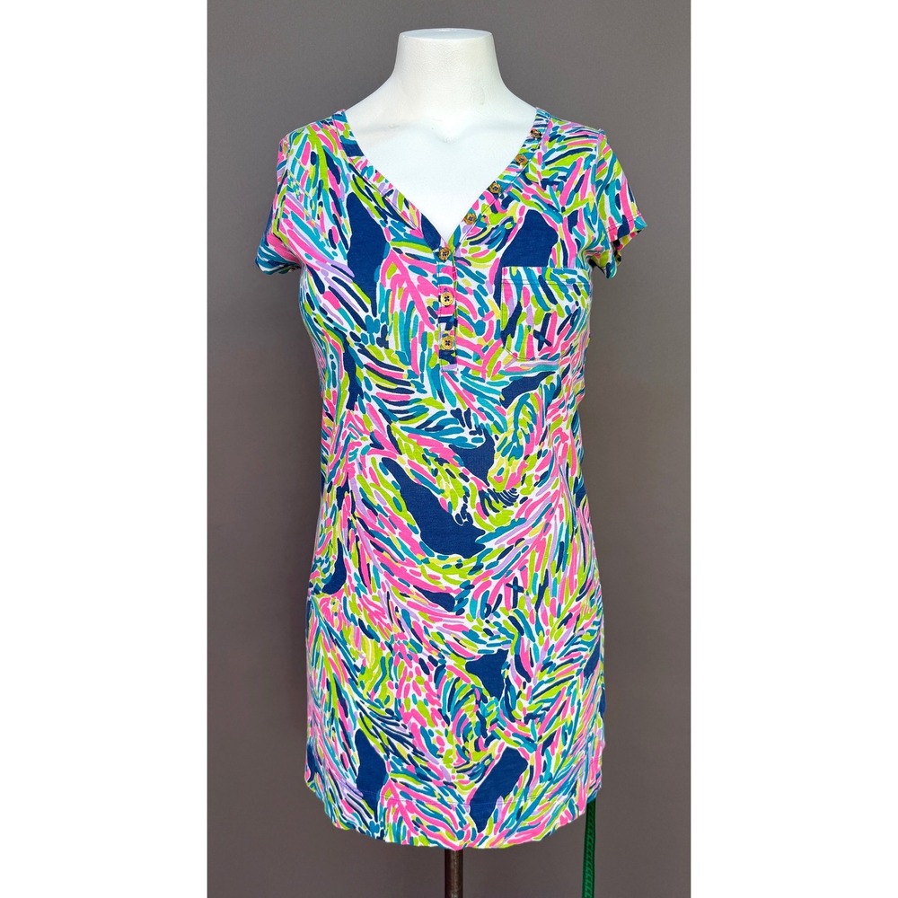 Lilly Pulitzer Palmira Dress Medium Indigo Palm Reader Pink Blue Cotton T-Shirt